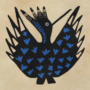 Lámina de arte con ilustración mística de un pájaro negro y azul de estilo folclórico.