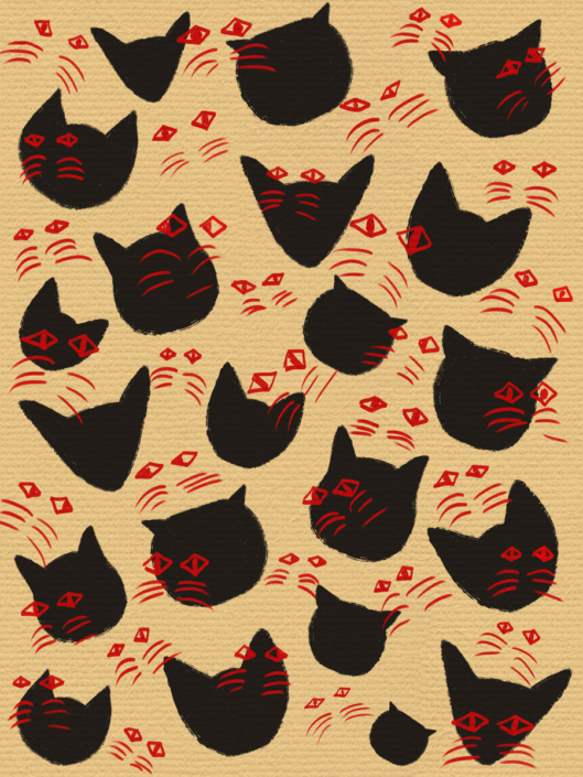 Póster de diseño textil de estética folclórica o mística con motivos repetidos de felinos en contraste negro y rojo.