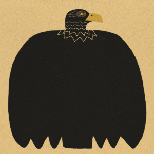 Lámina de arte de estilo folk con ilustración gráfica de un águila negra de silueta masiva sobre fondo crema.