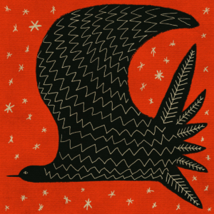 Lámina de arte con ilustración mística de un pájaro negro sobre fondo rojo de estilo folclórico.
