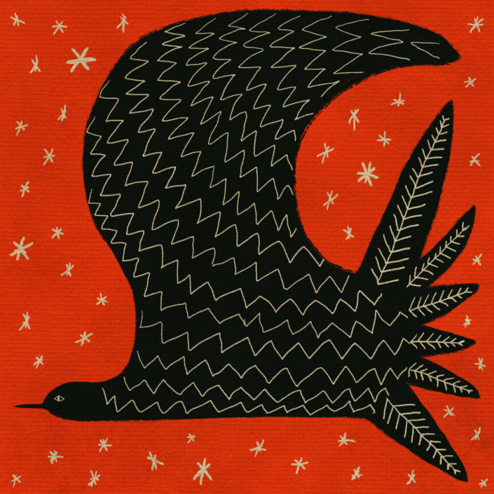 Lámina de arte con ilustración mística de un pájaro negro sobre fondo rojo de estilo folclórico.