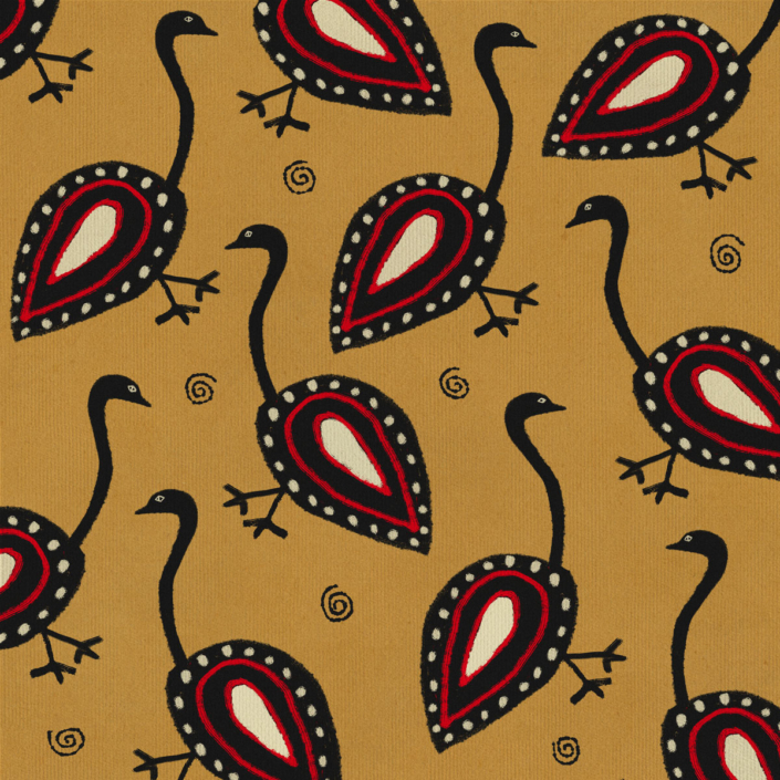 Arte de diseño textil de estética étnica o folclórica con motivos de pájaros abstractos y espirales decorativas.