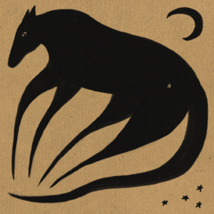 Lámina de arte de estilo folk naif con ilustración de un caballo negro durmiendo y unas estrellas sobre fondo rústico.