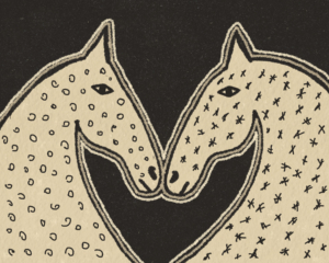 Lámina de arte con ilustración gráfica de estilo folk de dos caballos sobre fondo oscuro.