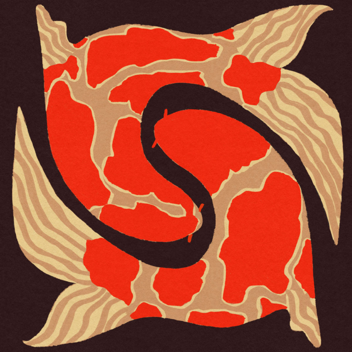 Naive-style illustration of two koi fish intertwined in a circular shape against a dark brown background. The fish feature bright red patches on beige bodies with wavy-lined fins. A fluid black line curves through the center of the composition.