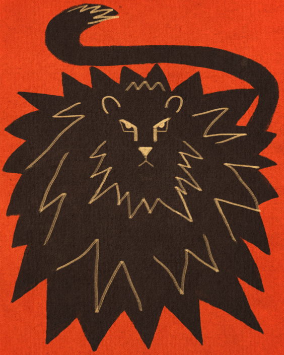 Folk-style illustration of a black lion with a large, spiky mane against a vibrant orange background. The facial features and mane details are outlined in thin beige lines, with a long, curved tail stretching above its head.