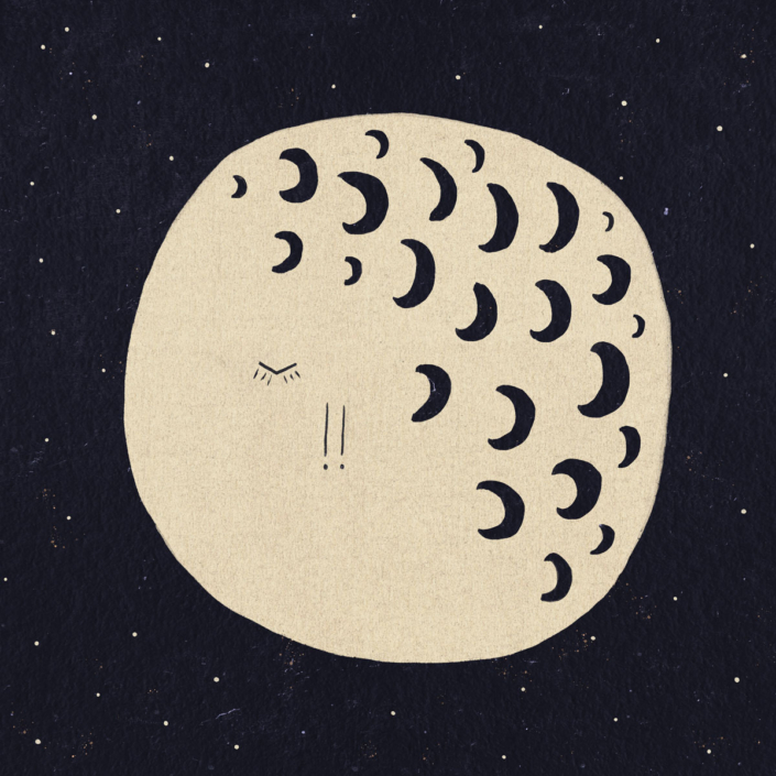 Illustration print of a sleeping full moon with crescent moon details against a dark starry sky.