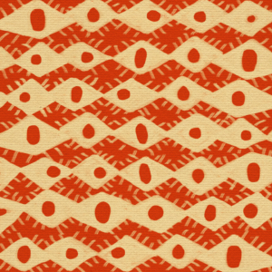 Ilustración folk con un patrón continuo de ojos beige y rojos sobre un fondo de papel texturizado rojo-naranja.