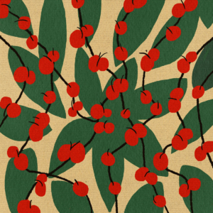 Lámina de arte con ilustración de ramas con bayas rojas y hojas verdes de estilo rústico.