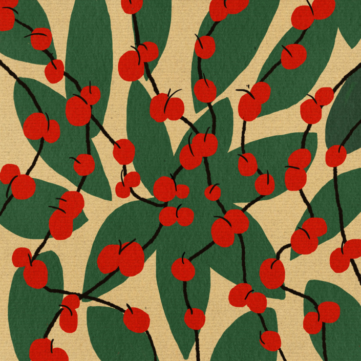 Lámina de arte con ilustración de ramas con bayas rojas y hojas verdes de estilo rústico.