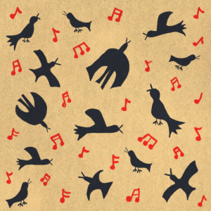 Ilustración folk con un patrón continuo de siluetas de pájaros negros cantando y notas musicales rojas sobre un fondo de papel texturizado marrón claro.