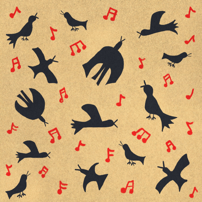 Ilustración folk con un patrón continuo de siluetas de pájaros negros cantando y notas musicales rojas sobre un fondo de papel texturizado marrón claro.