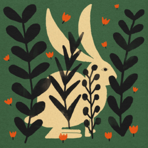Ilustración de un conejo beige con orejas largas escondido entre ramas con hojas negras y flores naranjas sobre un fondo verde texturizado.