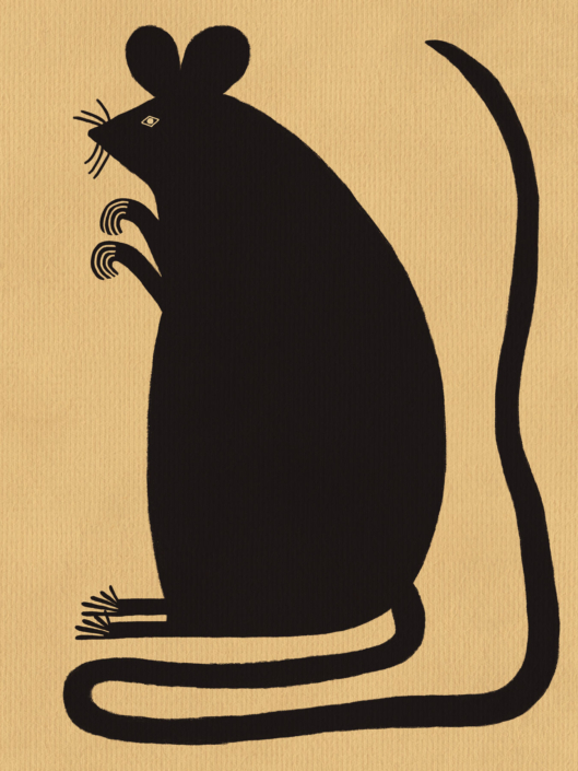 Lámina de arte con ilustración estilizada de un ratón negro sobre fondo rústico.