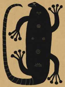 Lámina de arte de estética aborigen o folclórica que muestra la silueta gráfica de un reptil con detalles de líneas y espirales.