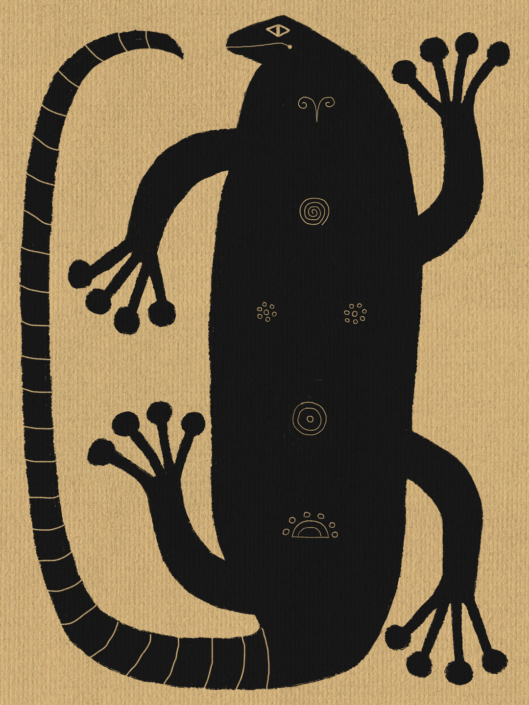 Lámina de arte de estética aborigen o folclórica que muestra la silueta gráfica de un reptil con detalles de líneas y espirales.