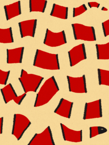 Lámina de diseño minimalista y geométrico con la silueta deconstruida de una serpiente en tonos rojo, negro y beige.