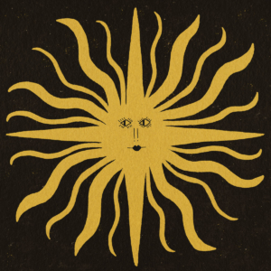 Ilustración texturizada de un sol dorado con rostro místico y rayos ondulados extendidos sobre un fondo negro con sutiles motas brillantes.