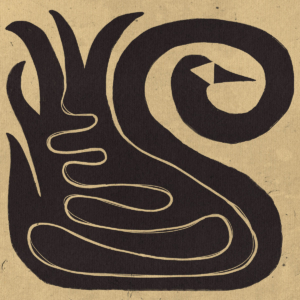 Lámina de arte con ilustración abstracta de un cisne negro sobre fondo marrón rústico