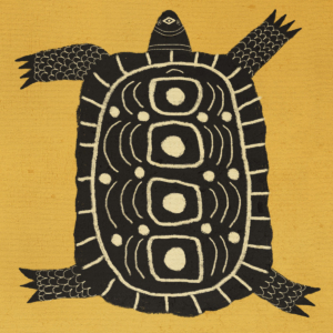 Lámina de arte con ilustración mística de una tortuga negra y blanca sobre fondo amarillo.